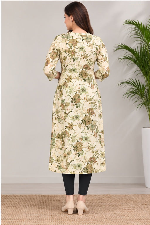 Women’s Cream Cotton Botanical Printed Kurti – Elegant Floral Design