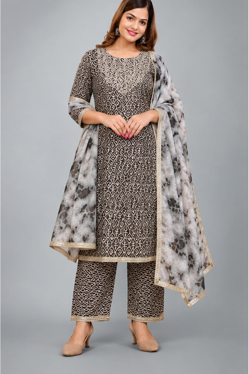 Women’s Black Printed Kurta Pant Set with Floral Printed Shawl Dupatta