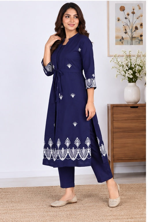 Women’s Navy Blue Cotton Embroidered A-Line Jacket Kurta