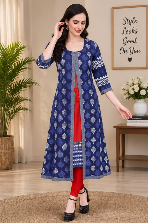 Women's Cotton Printed Long Kurti (Blue, Red, Cotton)