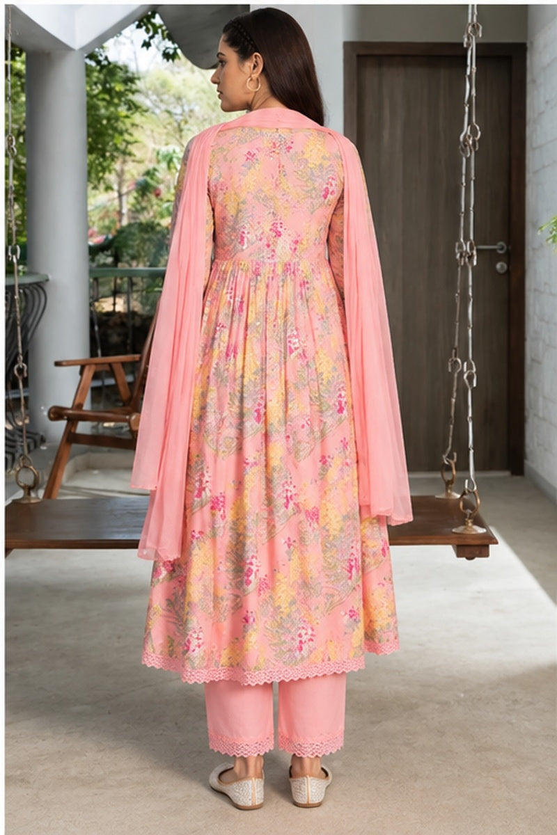 Women’s Pink Floral Printed Cotton 3-Piece Kurti Set with Pant & Dupatta