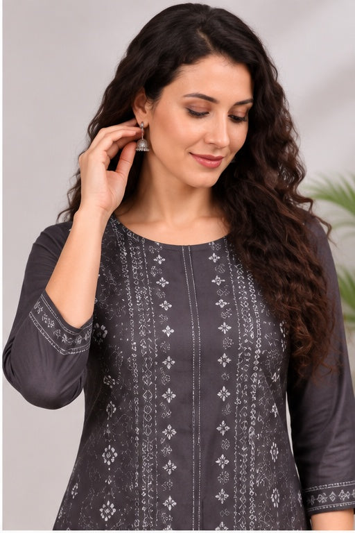 Women’s Black Cotton Printed Straight Kurti – Elegant Floral & Geometric Design