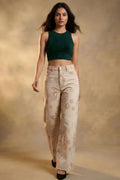 Beige Floral Printed Baggy Denim Jeans