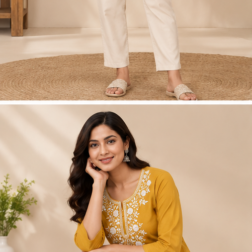 Women’s Mustard Yellow Cotton Embroidered Straight Kurta with Floral Neckline