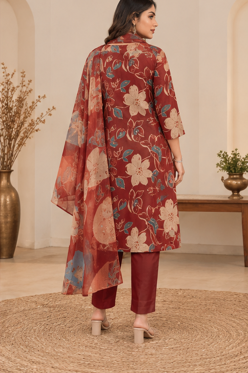 Women's Cotton Blend Printed Kurti With Pant Dupatta Set (Rust)