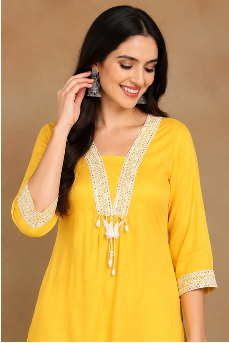 Women’s Mustard Yellow Rayon Solid Embroidered Kurti with Decorative Neckline
