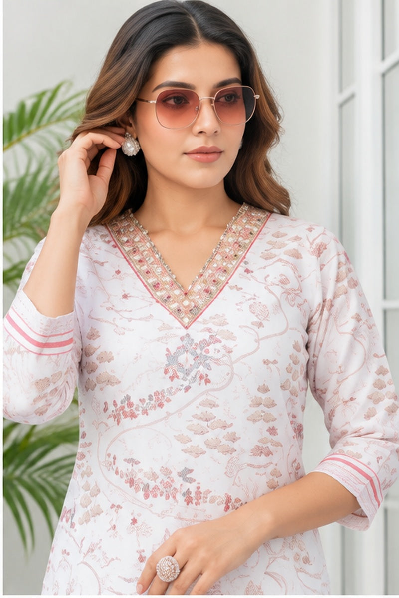 Women’s White & Pink Linen Abstract Printed Straight Kurti