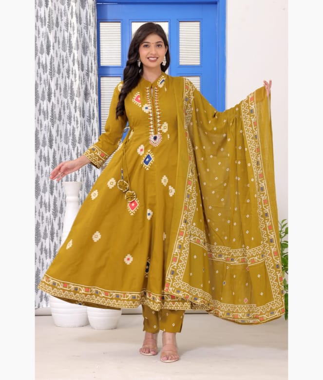 Mustard Yellow Embroidered Printed Kurta Set with Dupatta