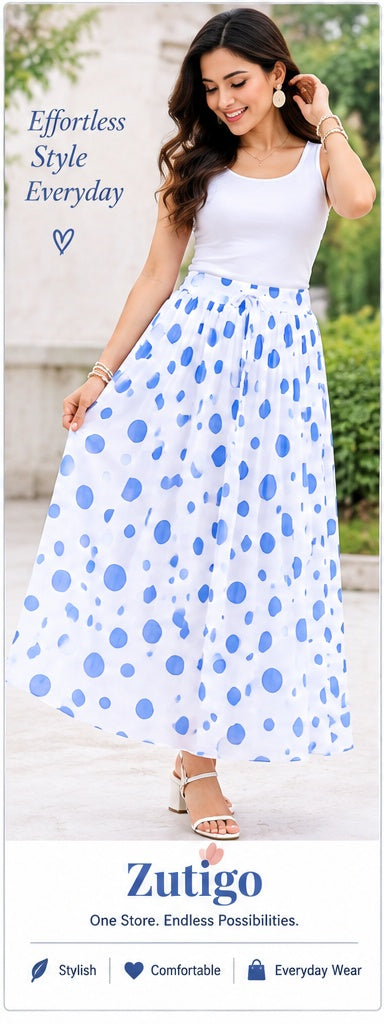 Women’s White & Blue Polka Dot Printed Flared Maxi Skirt