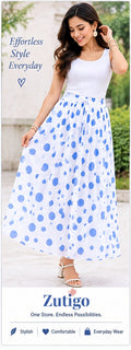 Women’s White & Blue Polka Dot Printed Flared Maxi Skirt