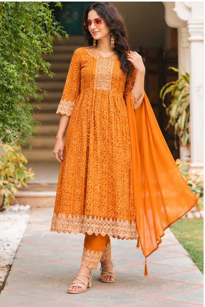 Women’s Orange Rayon Nyra Cut Bandhani Printed Kurti Set with Pant & Dupatta