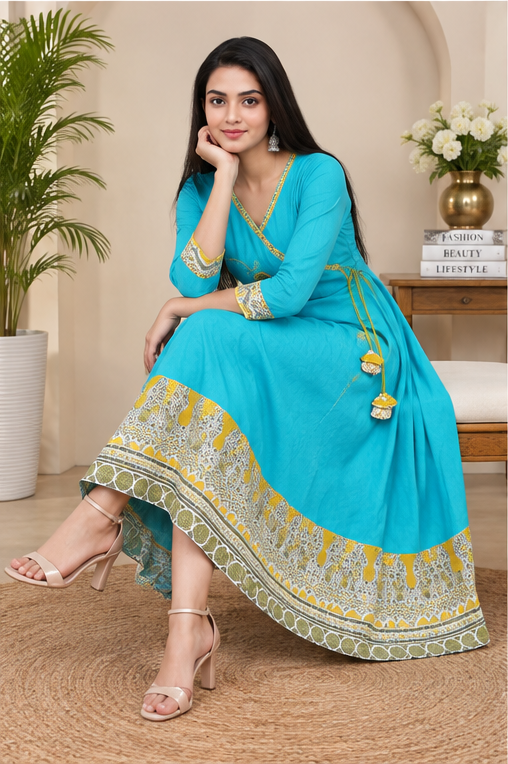 Women's Casual 3/4 th Sleeve Embroidery Cotton Blend Kurti (Torque Green)