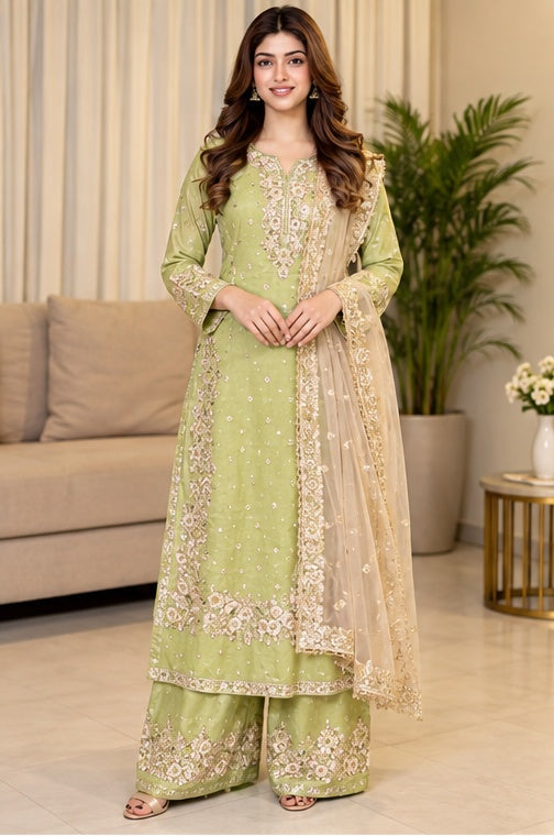 Women's Silk Embroidered 3/4th Sleeve Round Readymade Kurti With Palazzo Pant and Dupatta Set (Pista)