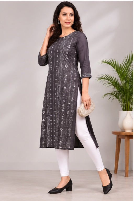Women’s Black Cotton Printed Straight Kurti – Elegant Floral & Geometric Design