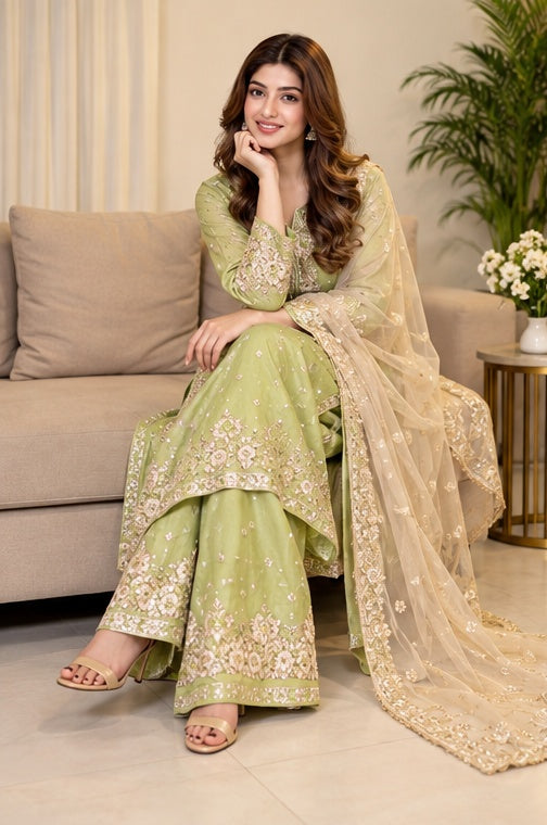 Women's Silk Embroidered 3/4th Sleeve Round Readymade Kurti With Palazzo Pant and Dupatta Set (Pista)