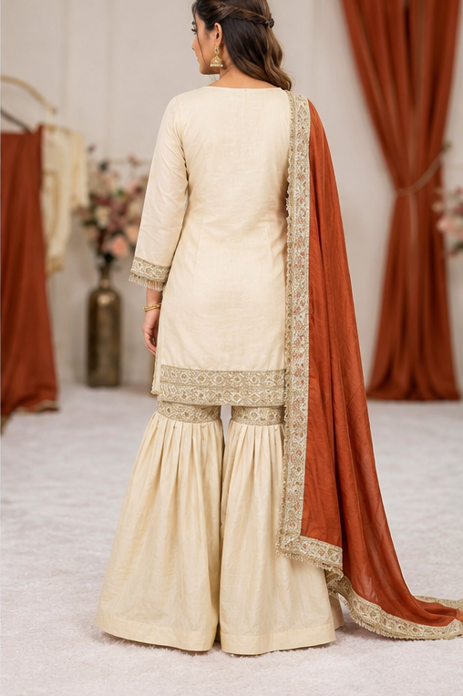 Women's Silk Embroidered 3/4th Sleeve V-Neck Kurti With Sharara Pant and Dupatta Set (Cream &amp; Orange)