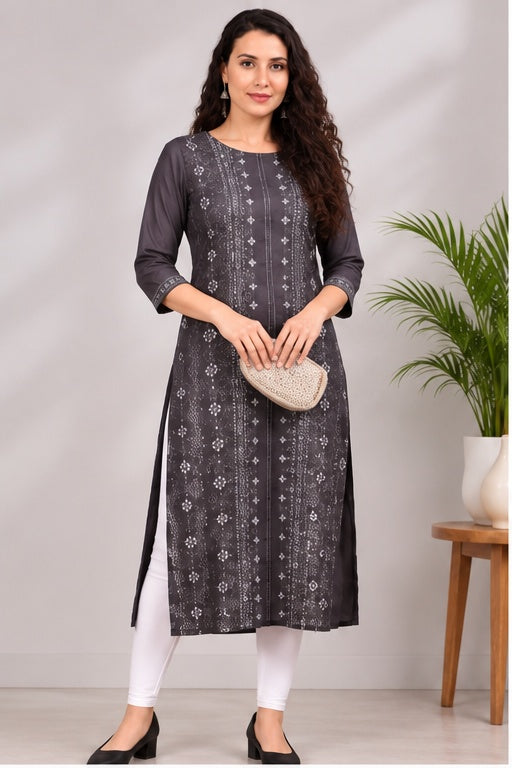 Women’s Black Cotton Printed Straight Kurti – Elegant Floral & Geometric Design