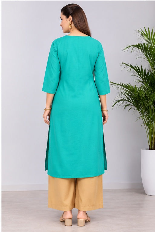Women’s Cotton Blend Solid Kurta with Printed Yoke – Turquoise Blue