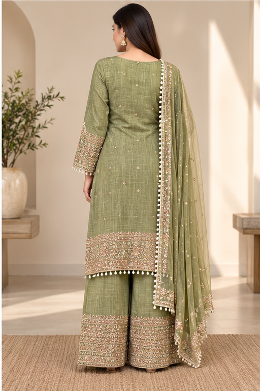 Women's Silk Embroidered 3/4th Sleeve Round Kurti With Sharara Pant and Dupatta Set (Green)