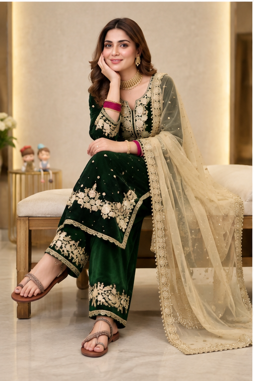 Women's Silk Embroidered 3/4th Sleeve Round Kurti With Palazzo Pant and Dupatta Set (Dark Green)