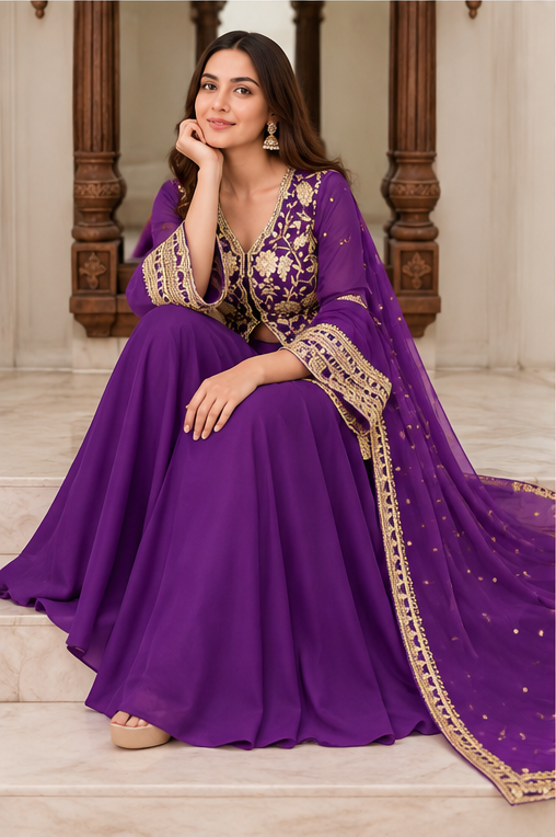 Women's Georgette Embroidery 3-4th Sleeve V-Neck Kurti, Palazzo And Dupatta Set (Purple)