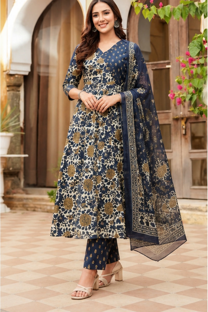 Women’s Cotton Floral Printed Angarkha Kurti with Pant & Dupatta Set