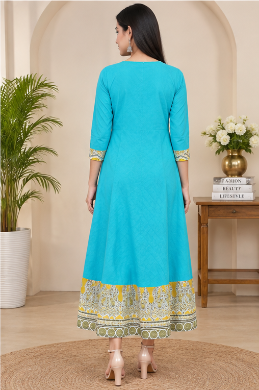 Women's Casual 3/4 th Sleeve Embroidery Cotton Blend Kurti (Torque Green)