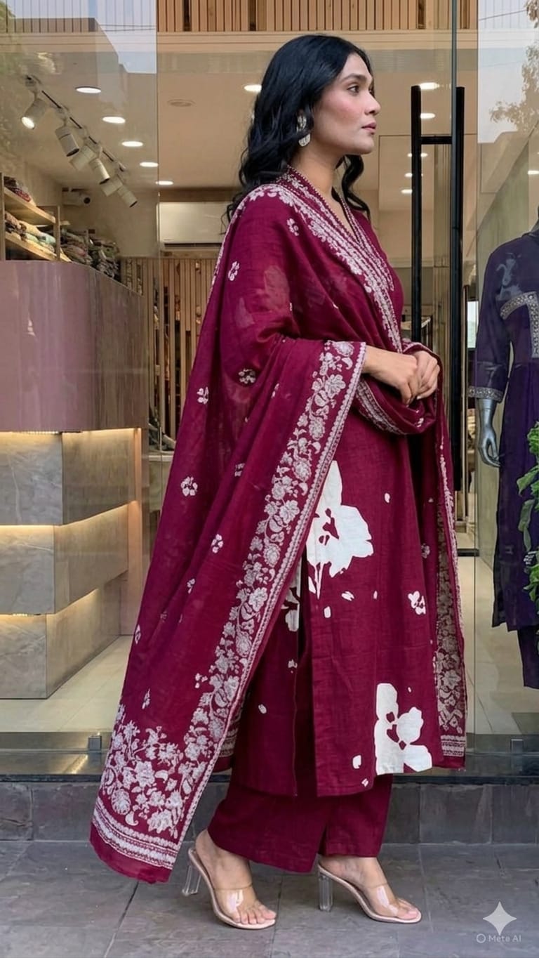 Maroon Floral Printed Embroidered Kurta Set with Dupattah