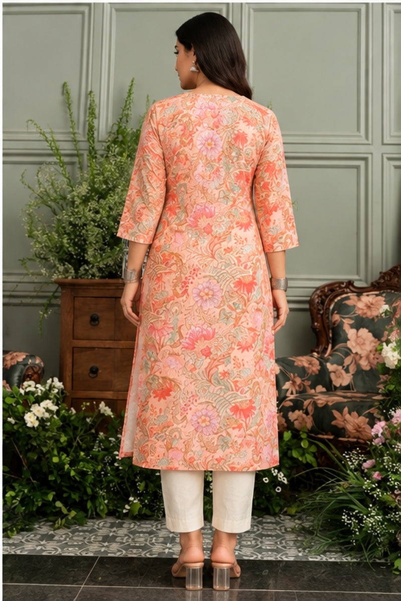 Women’s Peach Rayon Floral Printed Straight Kurti