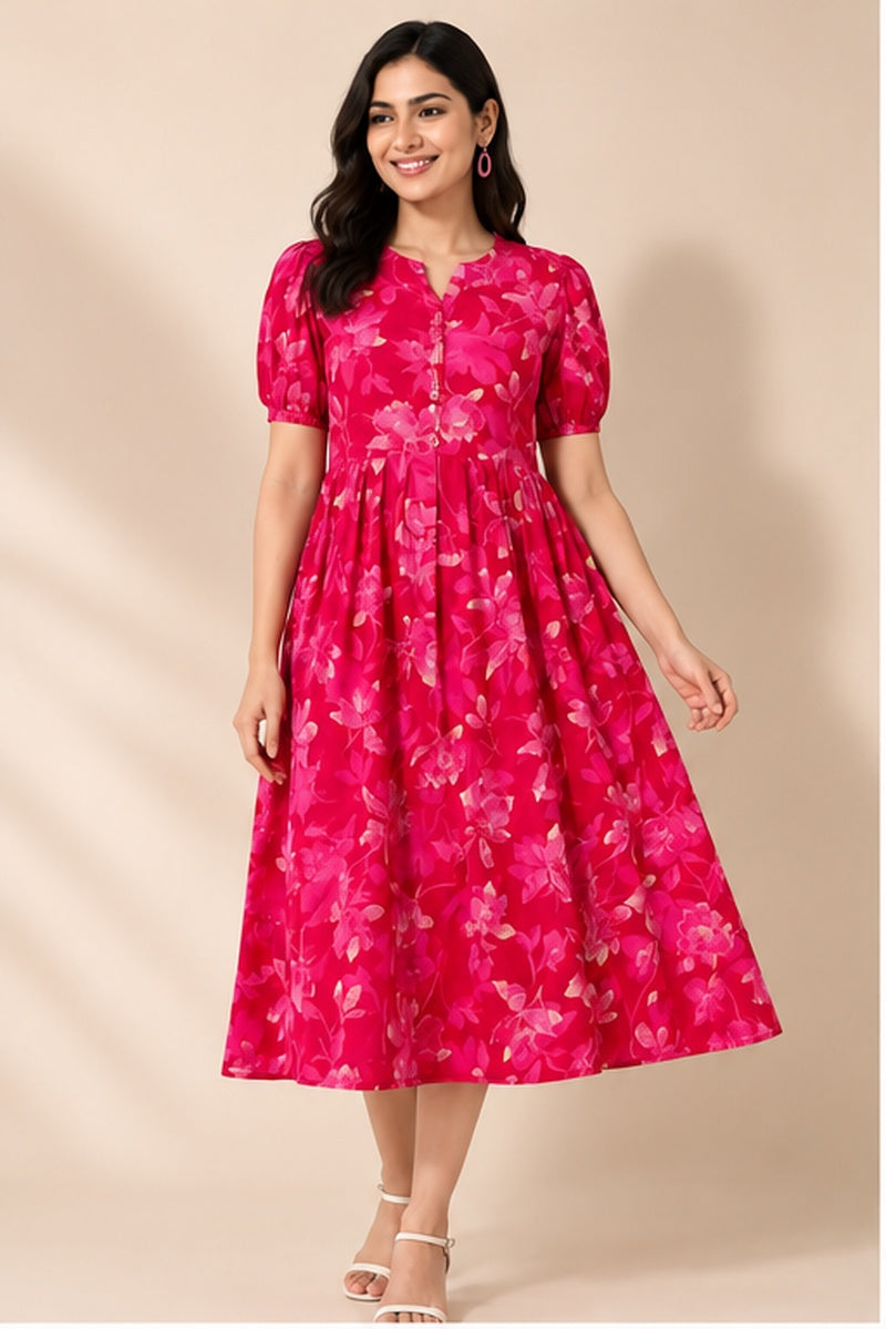 Women’s Pink Floral Printed Flared Dress