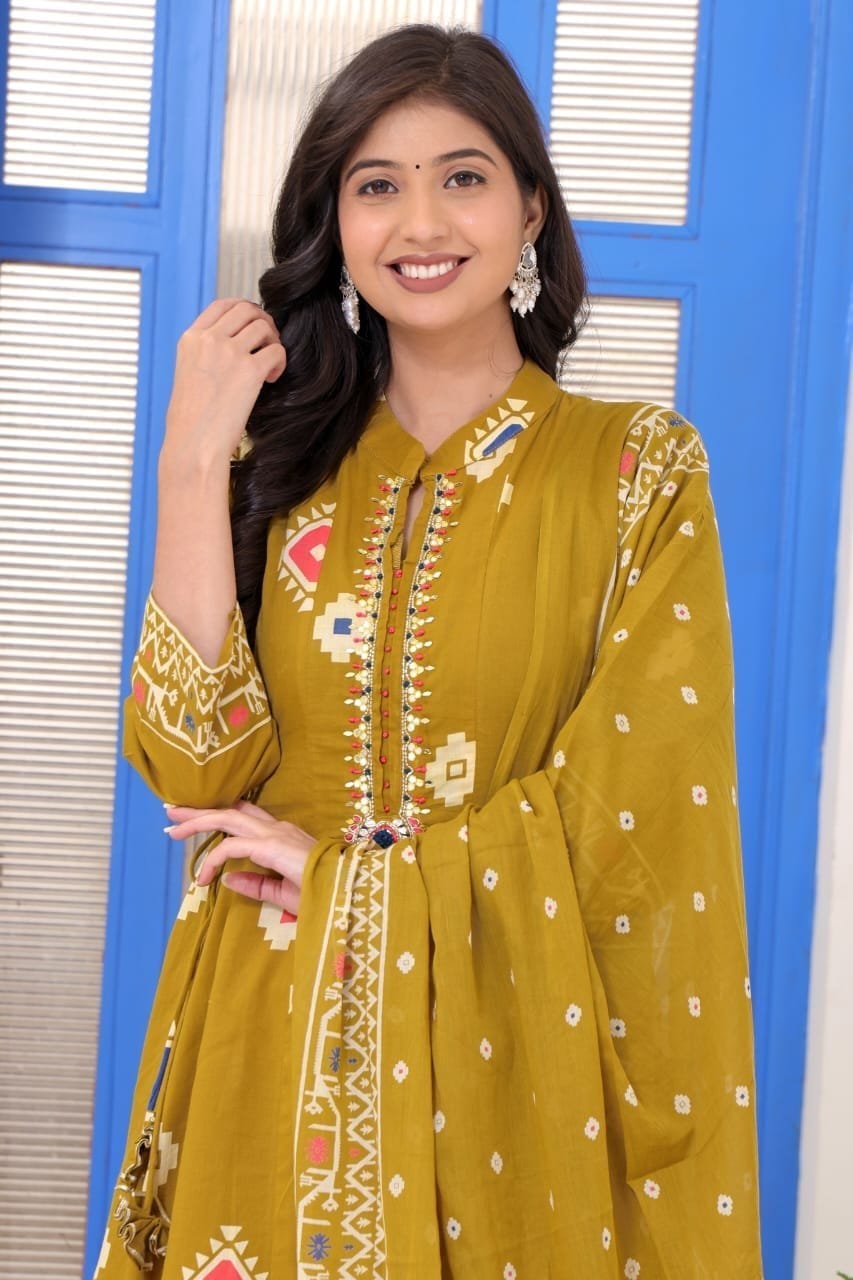 Mustard Yellow Embroidered Printed Kurta Set with Dupatta