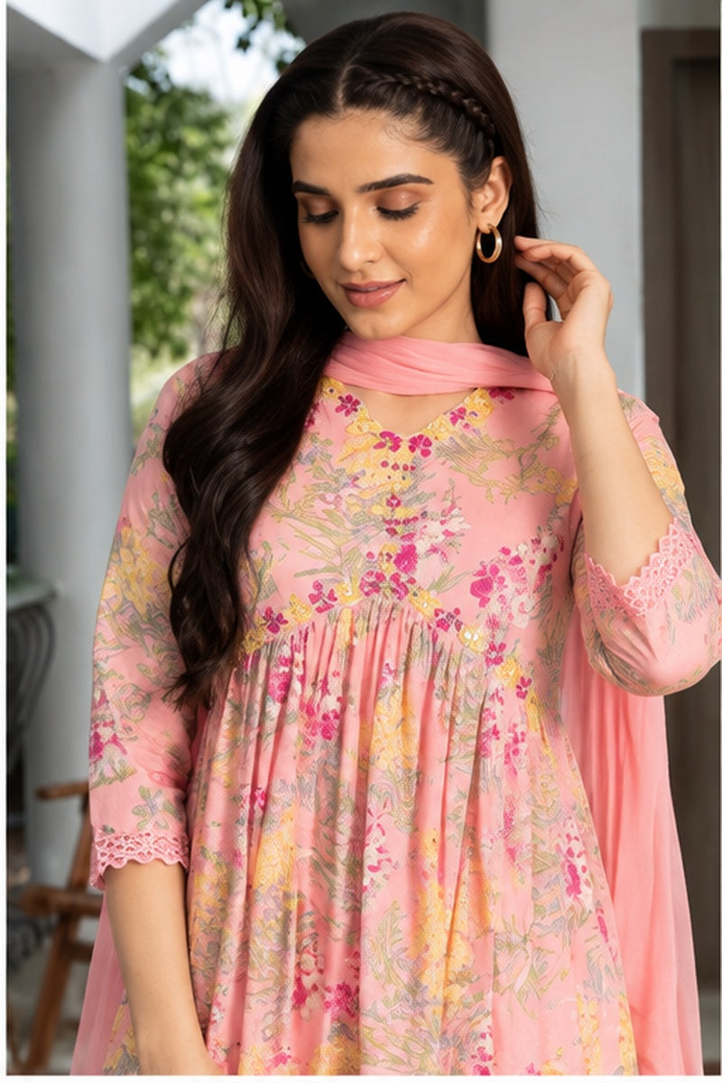 Women’s Pink Floral Printed Cotton 3-Piece Kurti Set with Pant & Dupatta