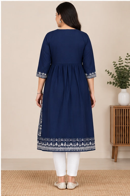 Women's Casual Rayon 3-4th Sleeves Kurti (Blue)