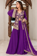 Women's Georgette Embroidery 3-4th Sleeve V-Neck Kurti, Palazzo And Dupatta Set (Purple)