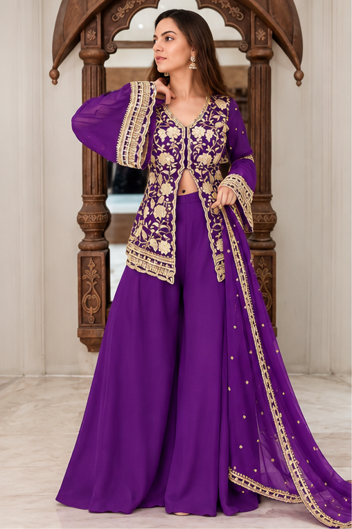 Women's Georgette Embroidery 3-4th Sleeve V-Neck Kurti, Palazzo And Dupatta Set (Purple)