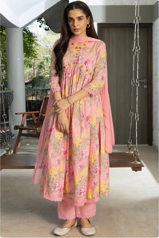 Women’s Pink Floral Printed Cotton 3-Piece Kurti Set with Pant & Dupatta