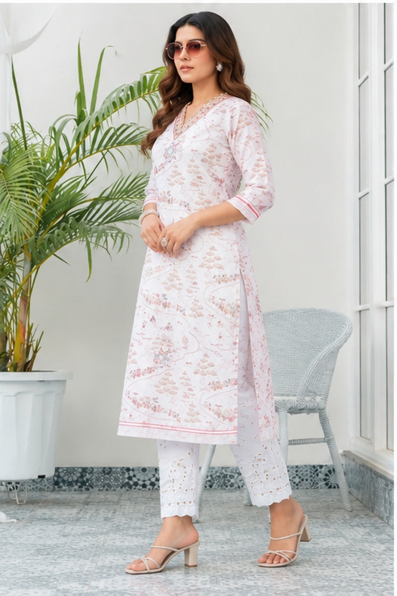 Women’s White & Pink Linen Abstract Printed Straight Kurti