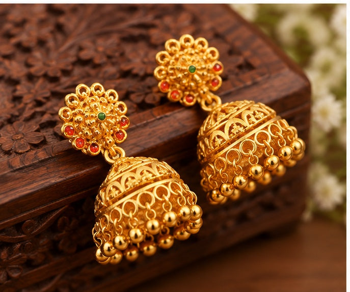 Traditional Gold-Finish Jhumka Earrings with Ruby & Green Detailing