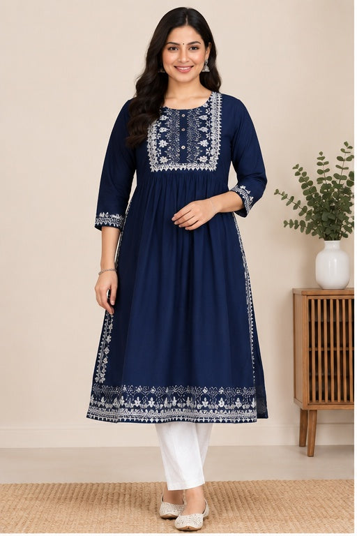 Women's Casual Rayon 3-4th Sleeves Kurti (Blue)