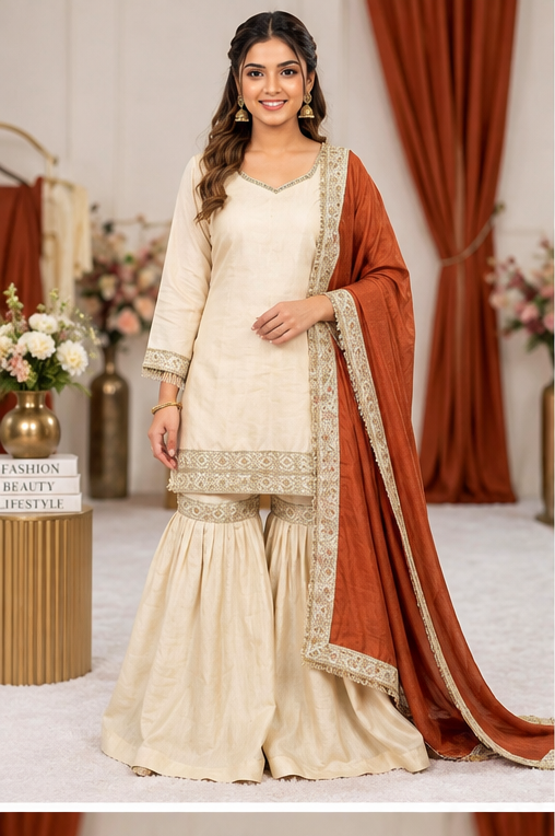 Women's Silk Embroidered 3/4th Sleeve V-Neck Kurti With Sharara Pant and Dupatta Set (Cream &amp; Orange)