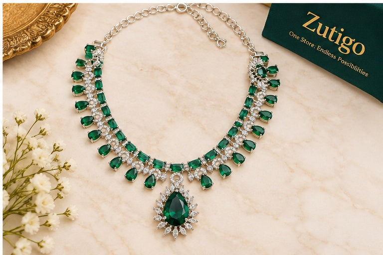 Emerald Green & Silver AD Necklace Set