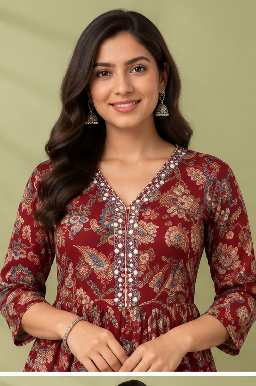 Women’s Maroon Floral Printed Anarkali Kurti with Embroidered Neckline