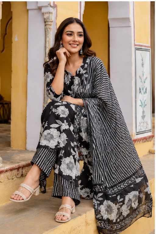 Women’s Black Floral Printed Kurta Set with Striped Dupatta