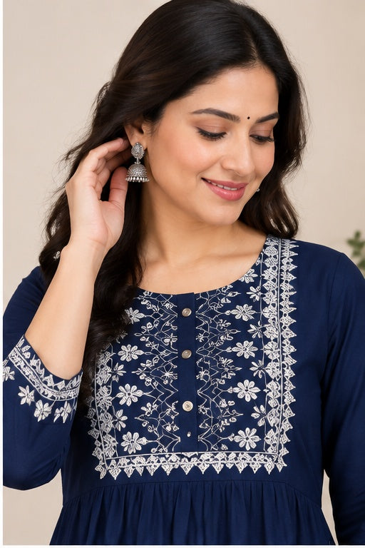Women's Casual Rayon 3-4th Sleeves Kurti (Blue)