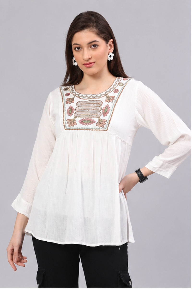 Women’s White Embroidered Flared Top