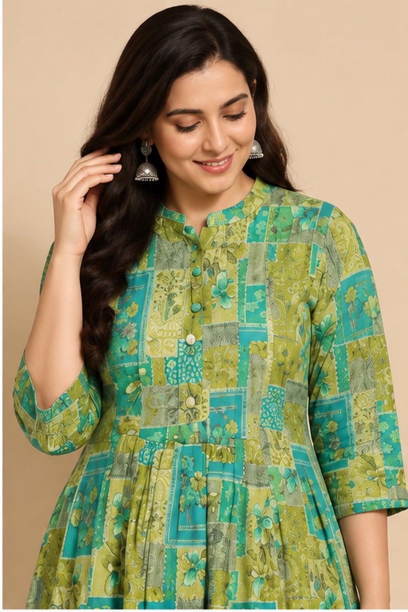 Women’s Green & Teal Poly-Cotton A-Line Printed Kurti – Plus Size