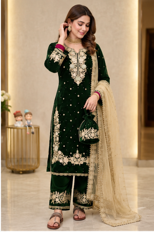 Women's Silk Embroidered 3/4th Sleeve Round Kurti With Palazzo Pant and Dupatta Set (Dark Green)