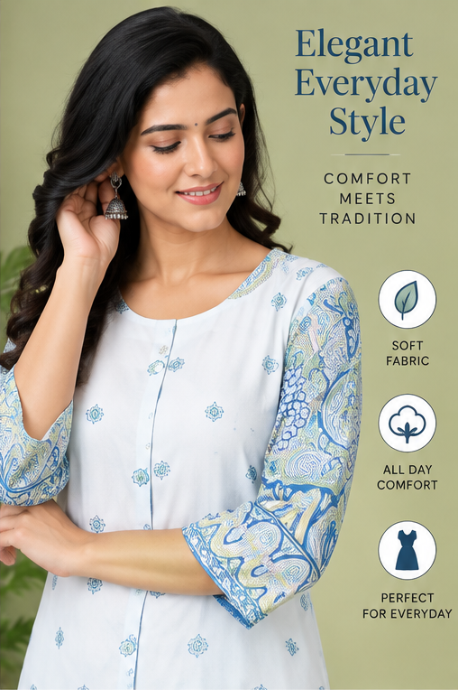 Women’s White & Blue Printed Straight Kurti with Statement Border