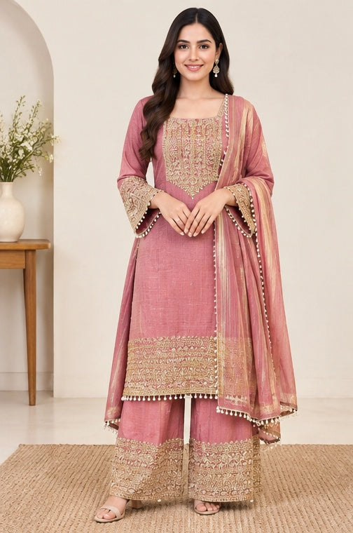 Women's Silk Embroidered 3/4th Sleeve Round Kurti With Sharara Pant and Dupatta Set (Pink)