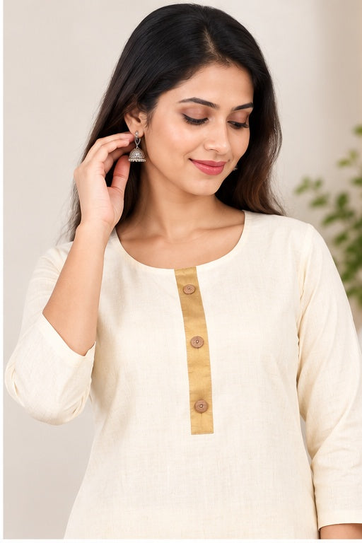 Women’s Cotton Solid Kurti with Golden Border – Elegant Everyday Wear
